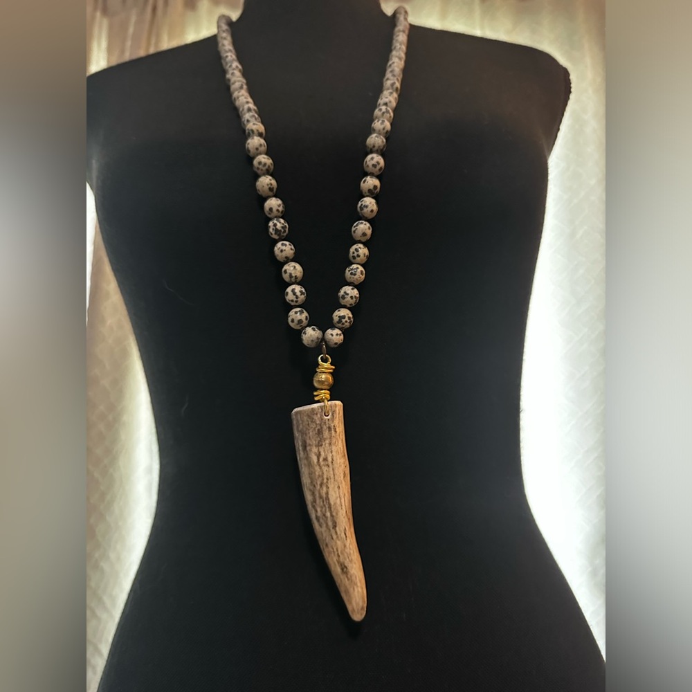 Natural Stone, Brass, and Deer Antler Long Necklace